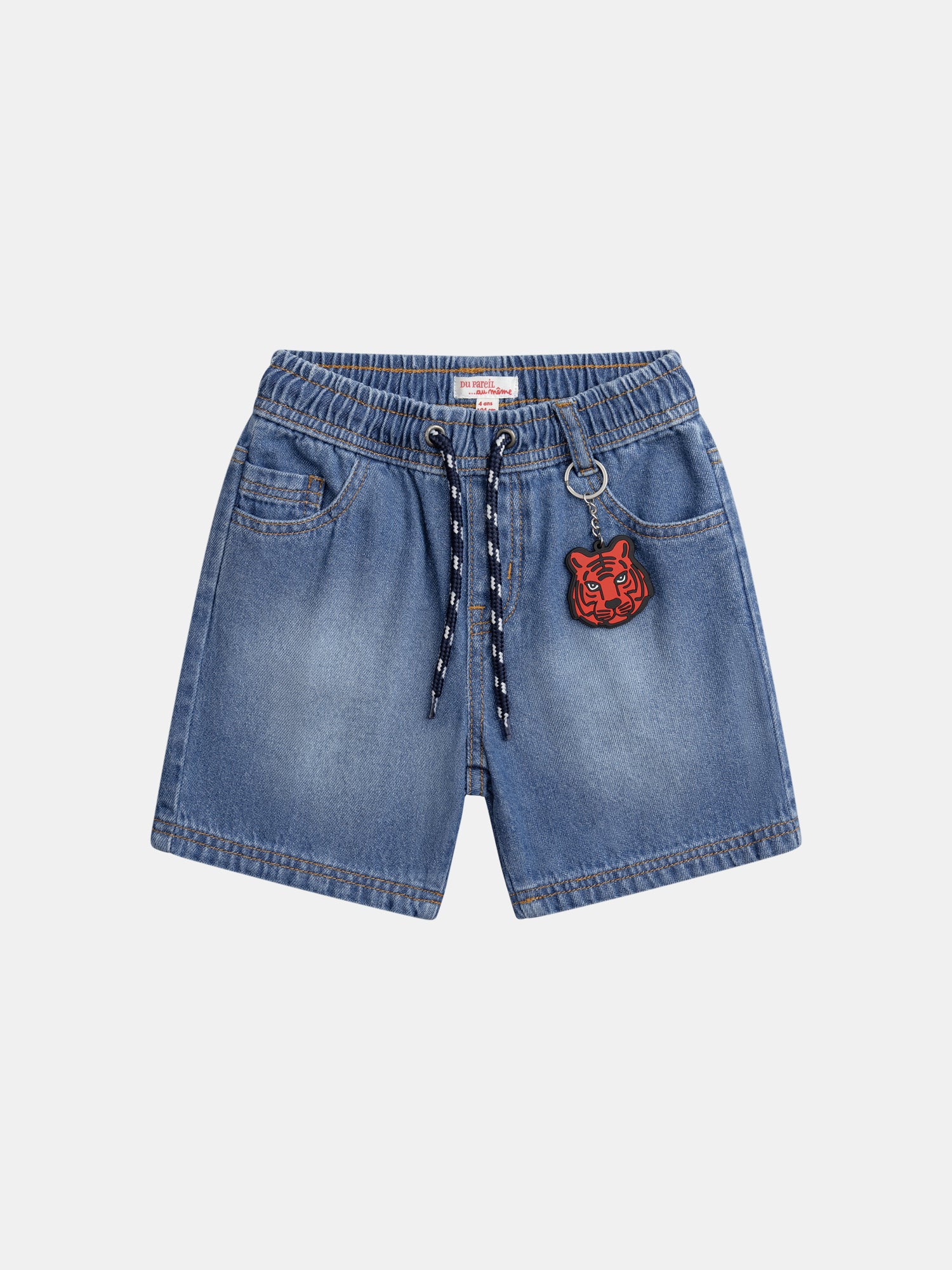 Bermuda in denim blu con portachiavi tigre per ragazzi
