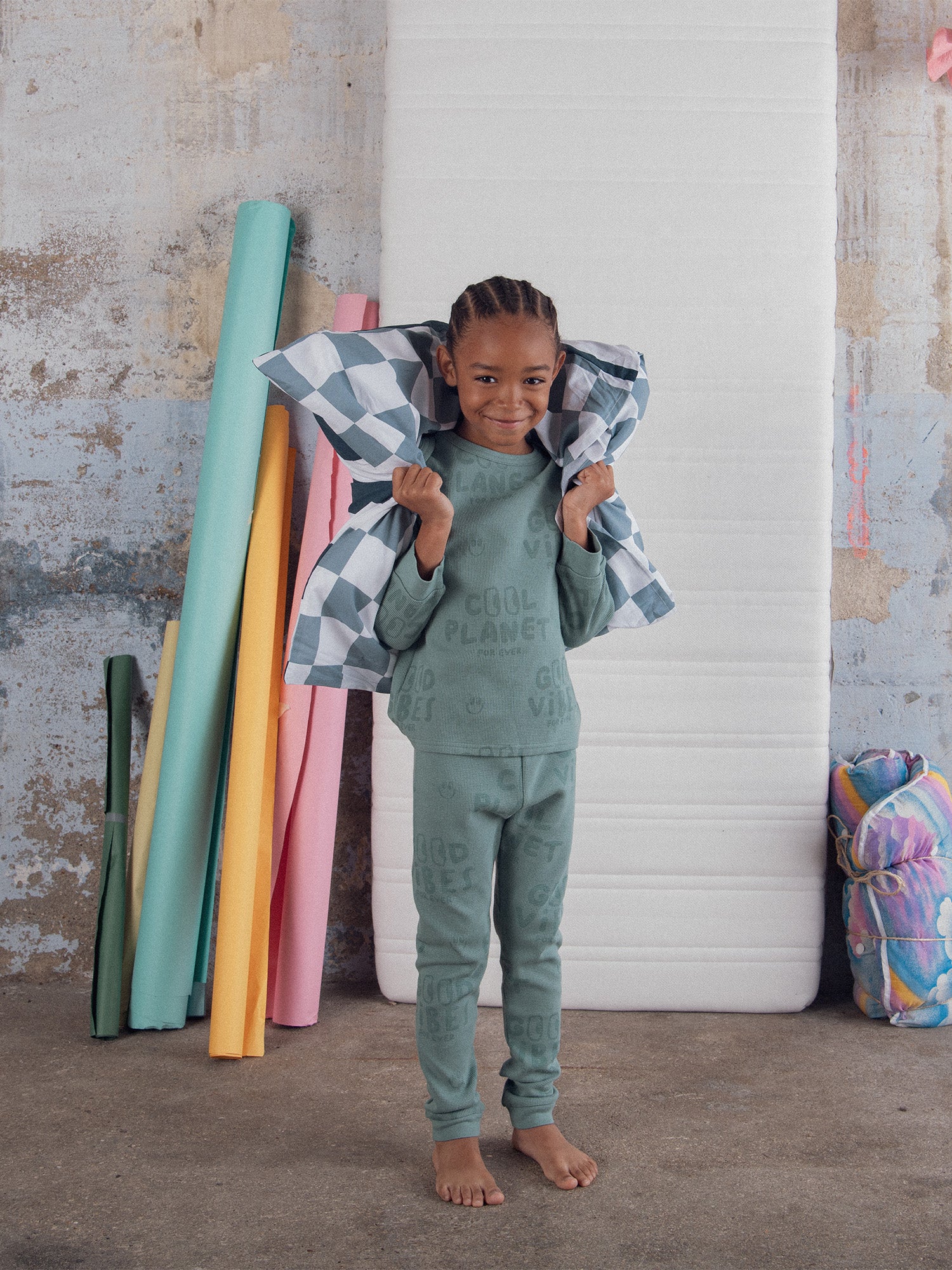 Pyjama vert "Good Vibes" en maille gaufrée pour enfant garçon - Image 3