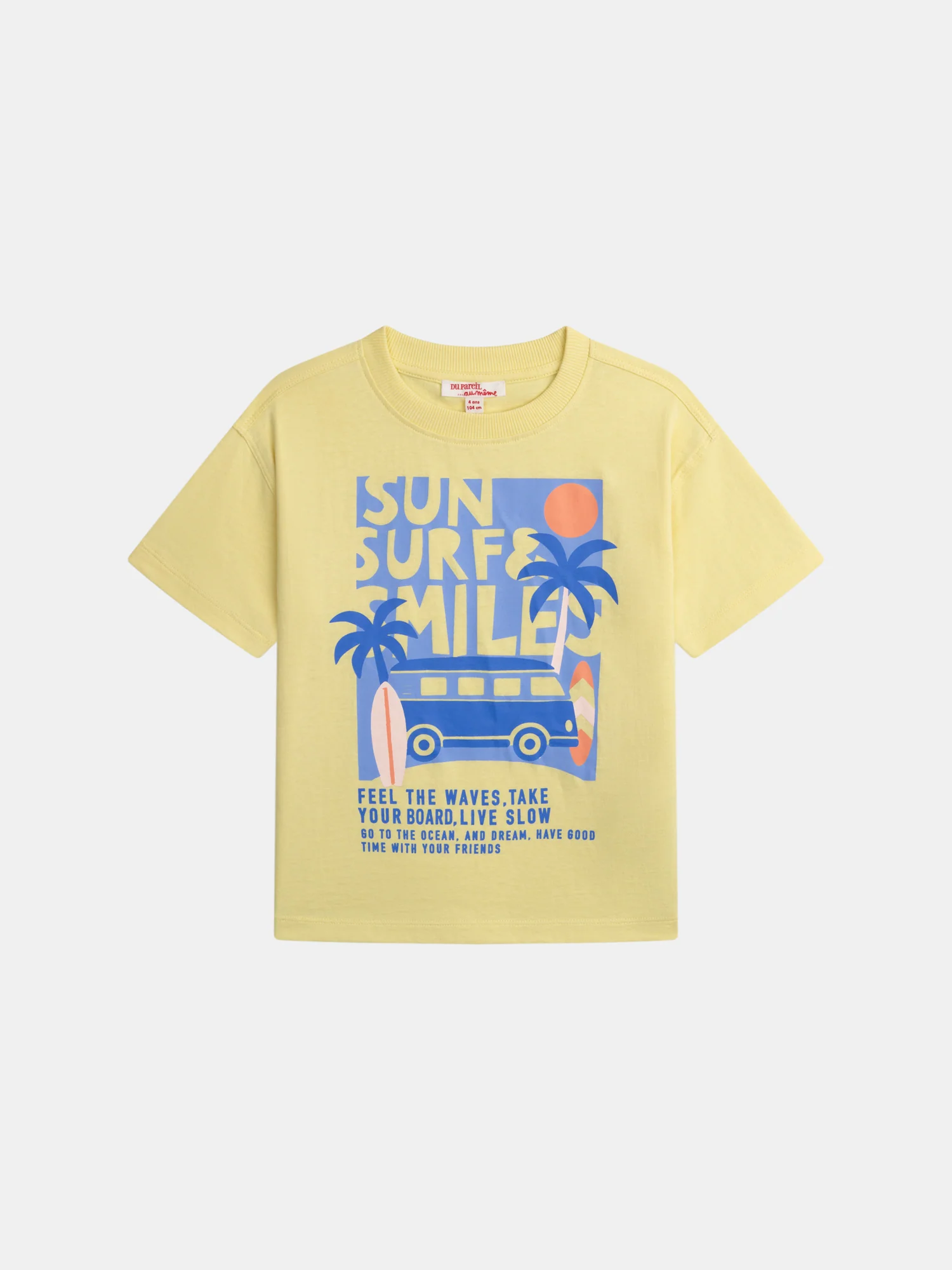 T-shirt gialla con animazione di furgone e surf per bambino