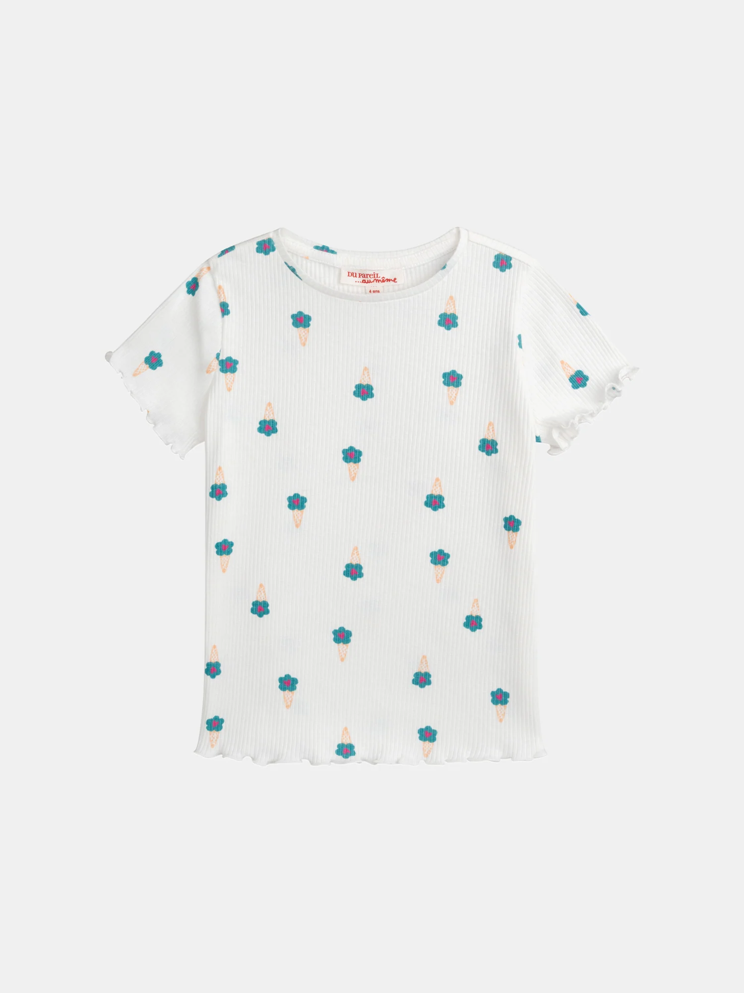 T-shirt in cotone ecru con stampa di fiori di ghiaccio per ragazza