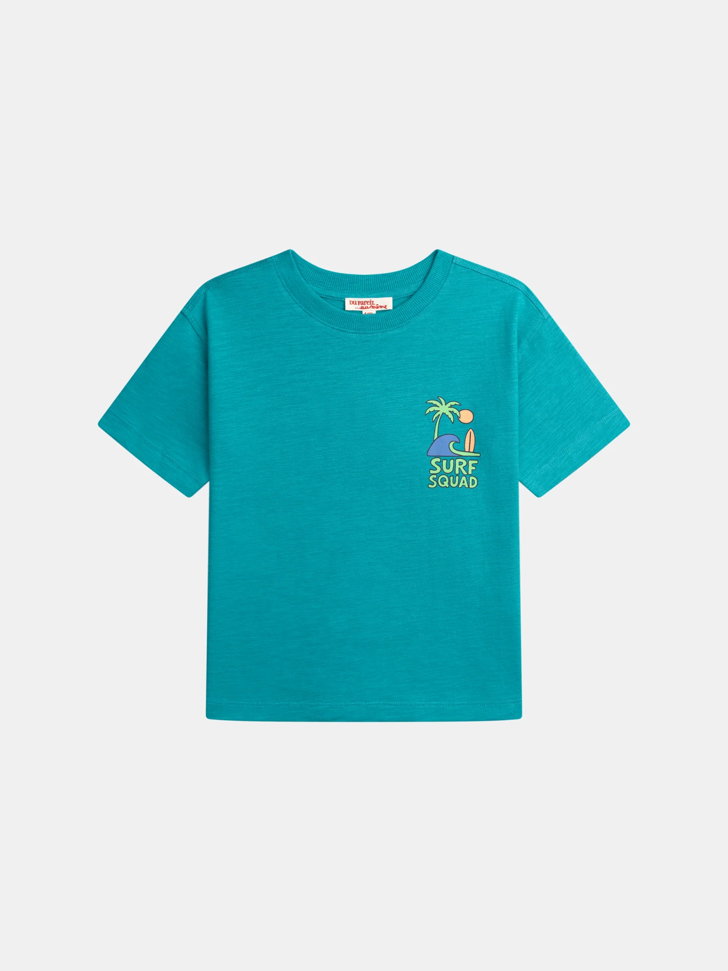 T-shirt turchese a manica corta con animazione surf per ragazzi