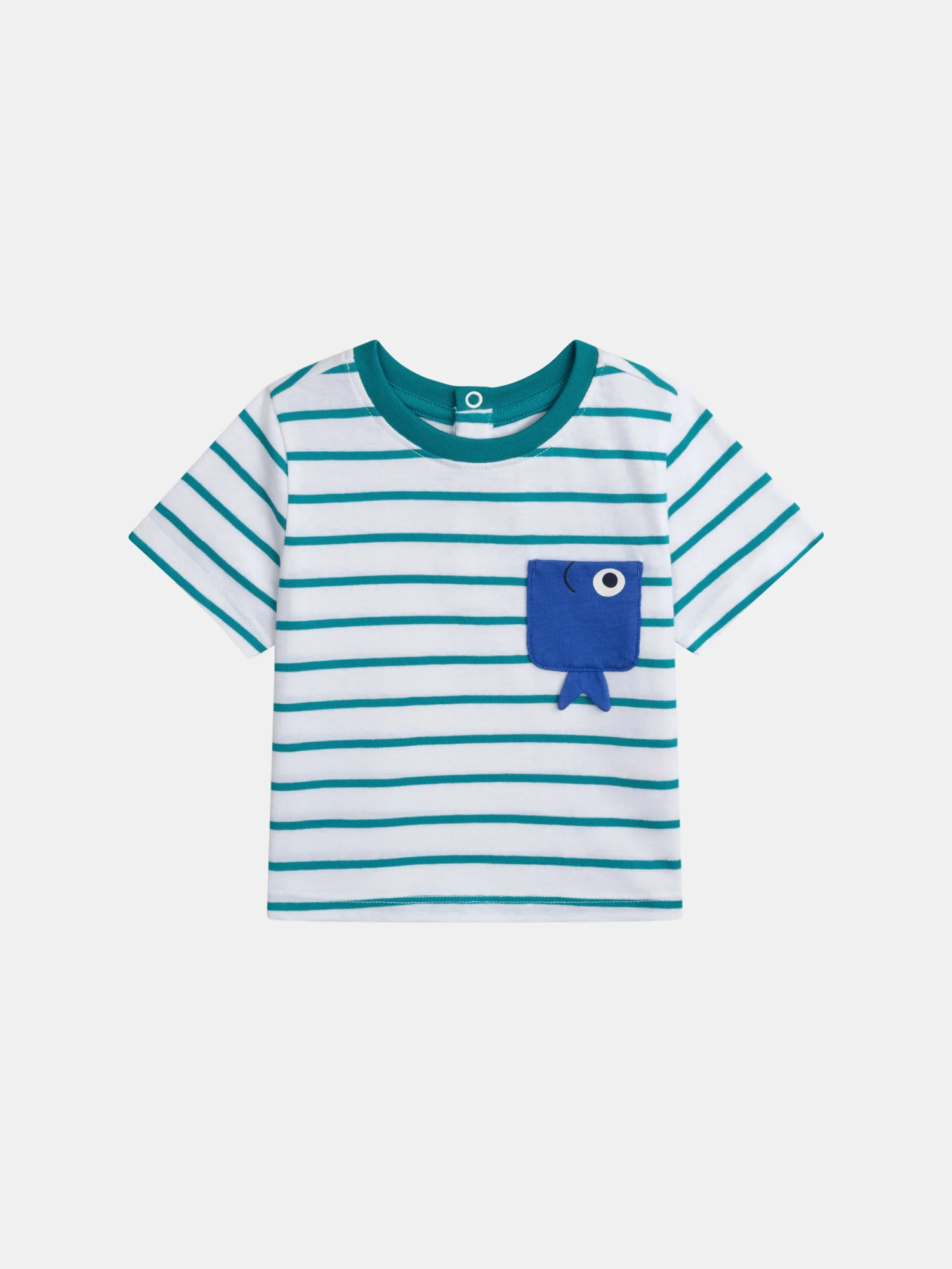 Tee-shirt turquoise rayé à poche "Poisson" pour bébé garçon